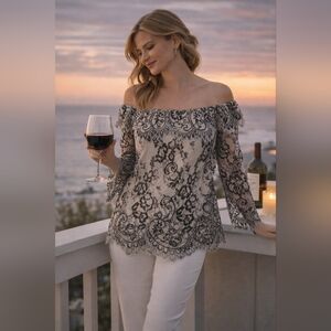 White House Black Market Lace Off Shoulder Top S NWT Black Ecru Romantic...